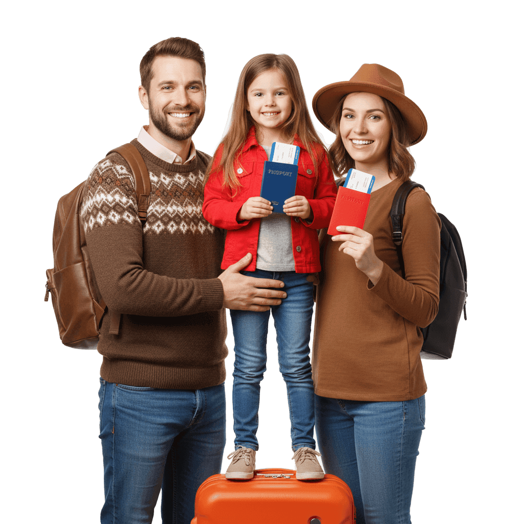 Happy family traveling with passports
